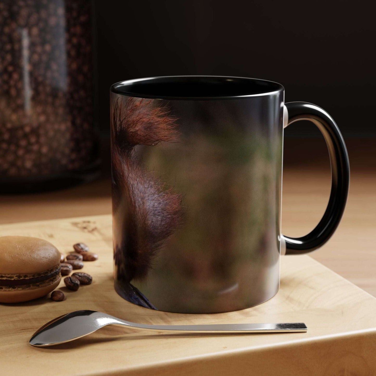 Adorable Squirrel Ceramic Mug with woodland illustration on wooden table, perfect for nature lovers.
