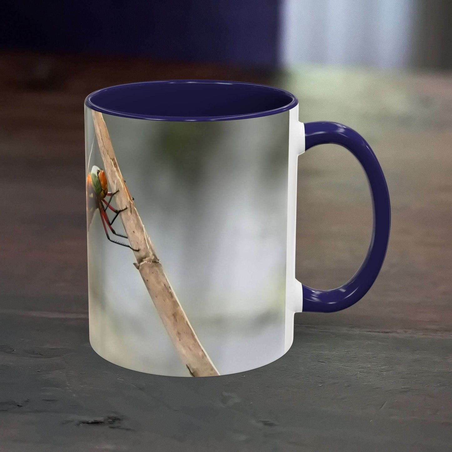White ceramic mug with pretty dragonfly design, 11oz capacity.