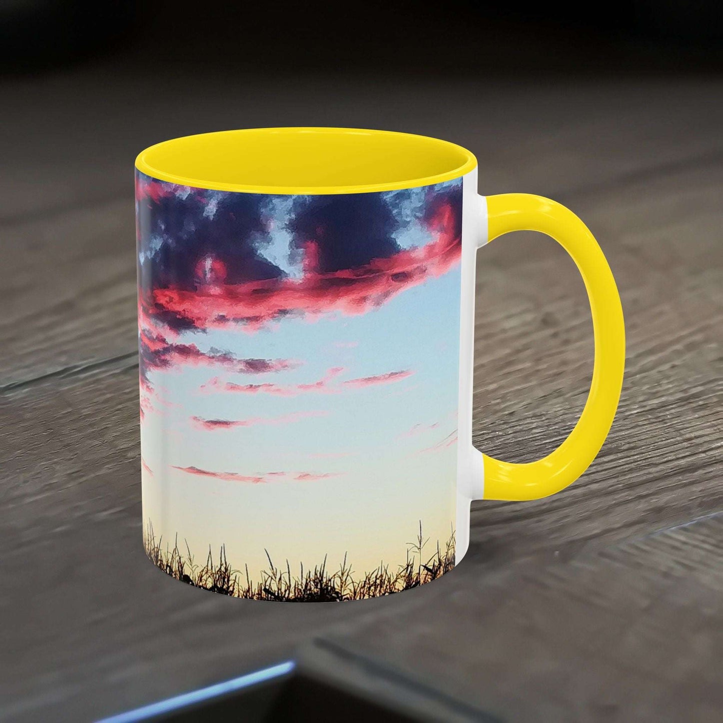 Vibrant Sunset Accent Coffee Mug with C-shaped handle, perfect for nature lovers and stylish home decor.