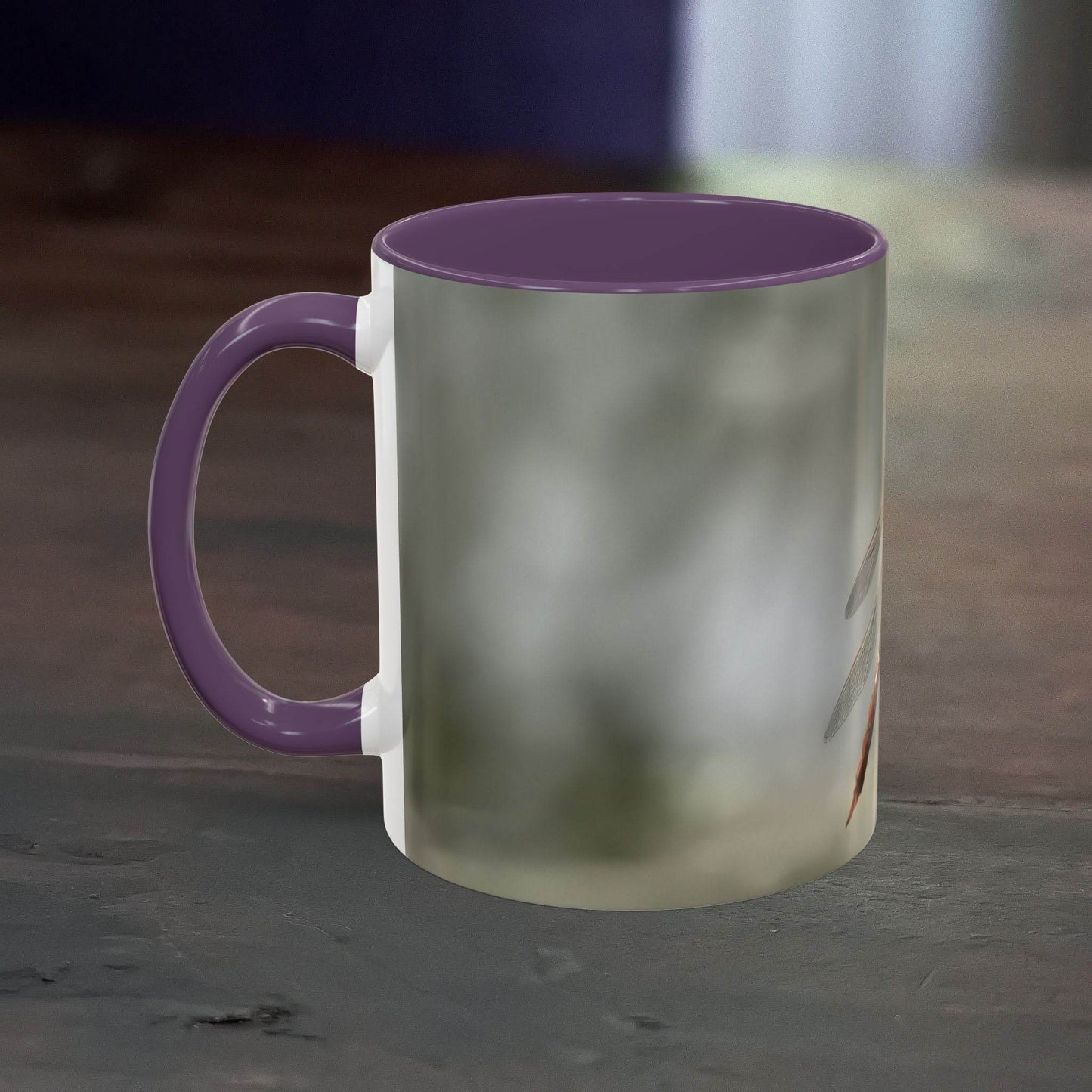 White ceramic mug with a pretty dragonfly design, 11oz capacity, glossy finish.
