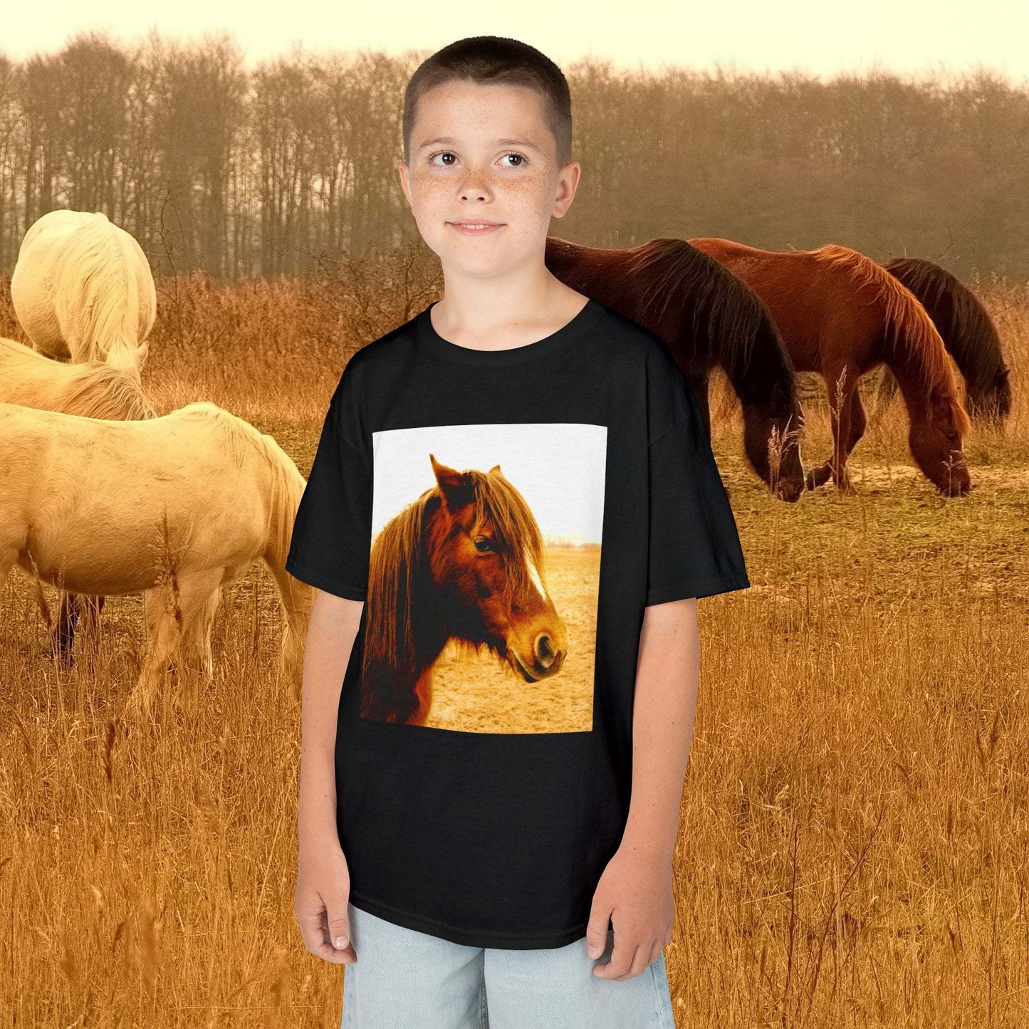 Kids Tee with horse design for child, featuring comfort and durability.
