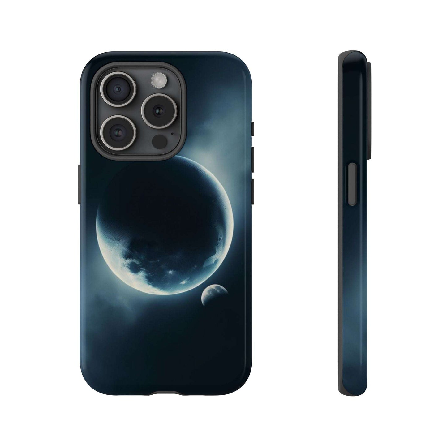Space-themed phone case with Planet Earth and Moon design, durable and impact-resistant.