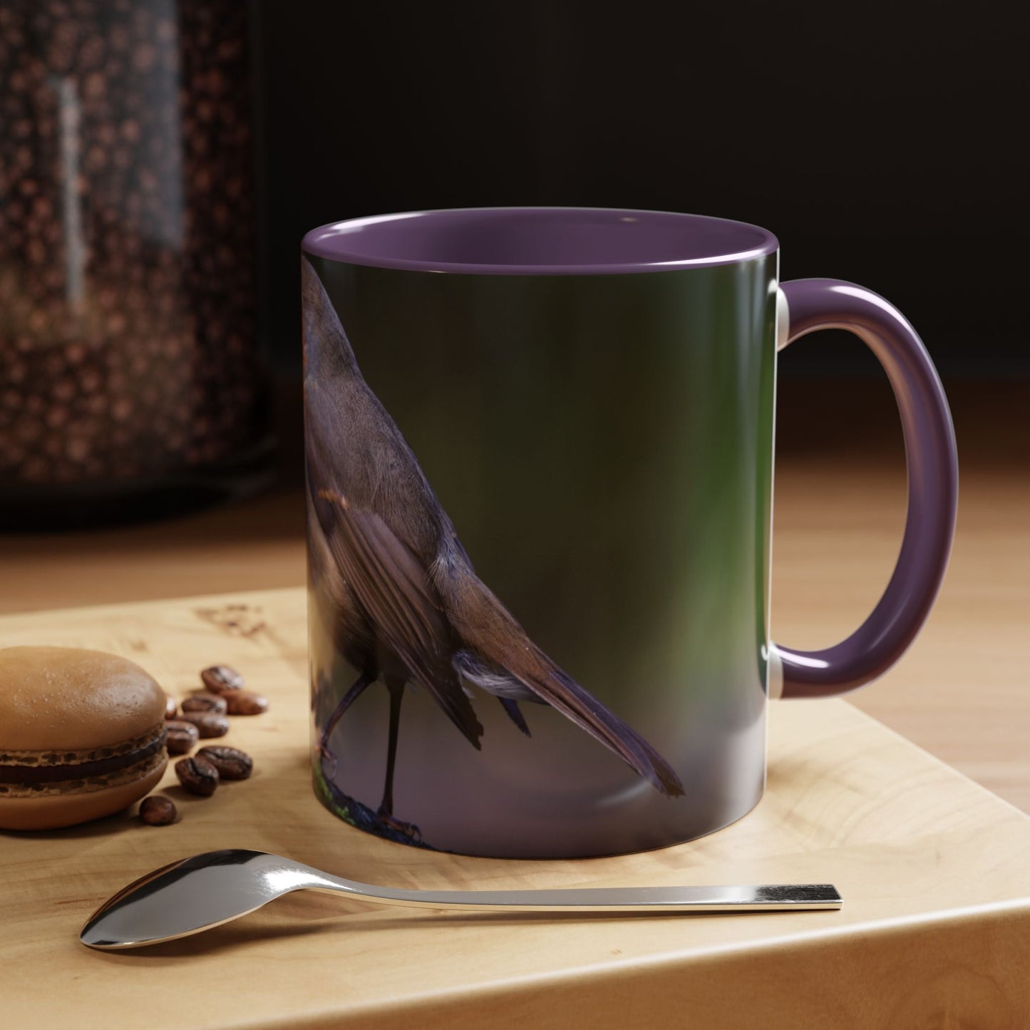 White ceramic 11oz Robin Mug with bird illustration, perfect for coffee or tea.