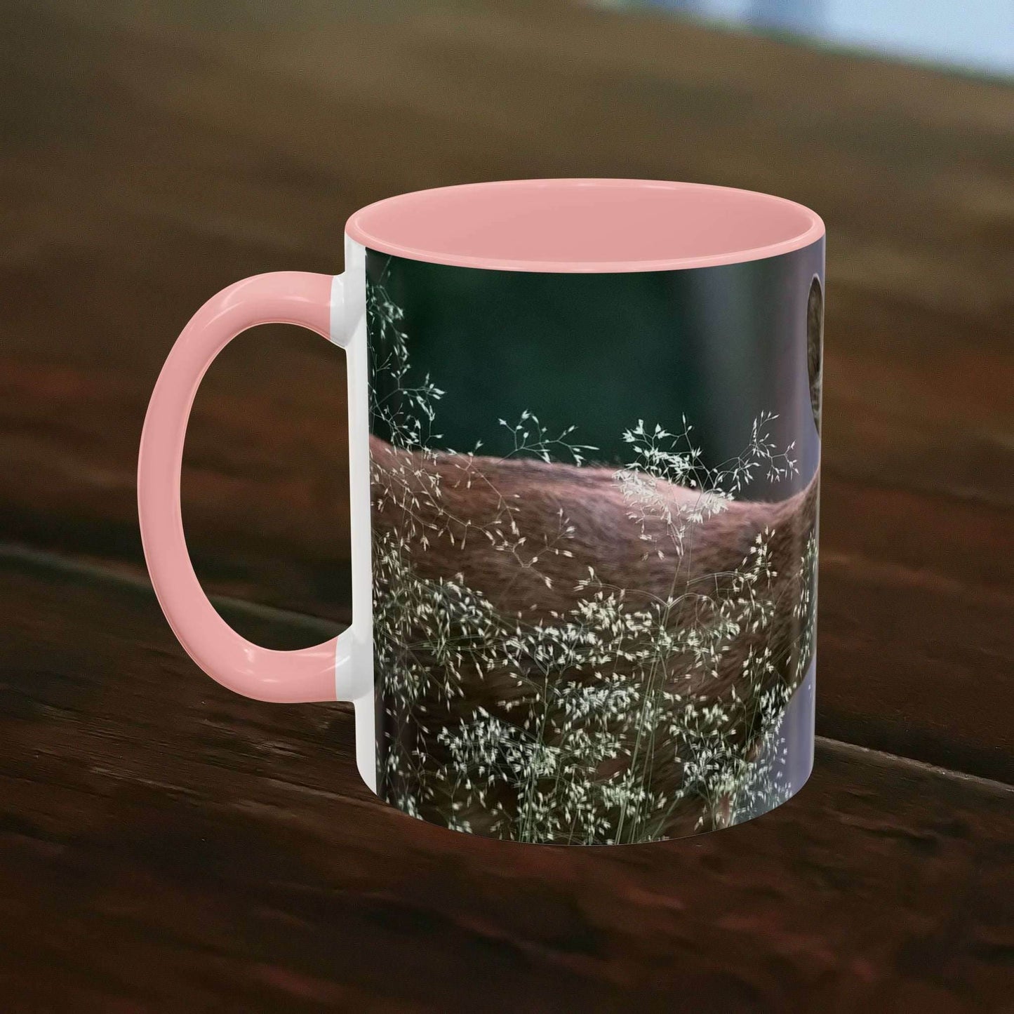 Nature-inspired deer ceramic mug with floral accents, 11oz, pink interior, rustic feminine design.
