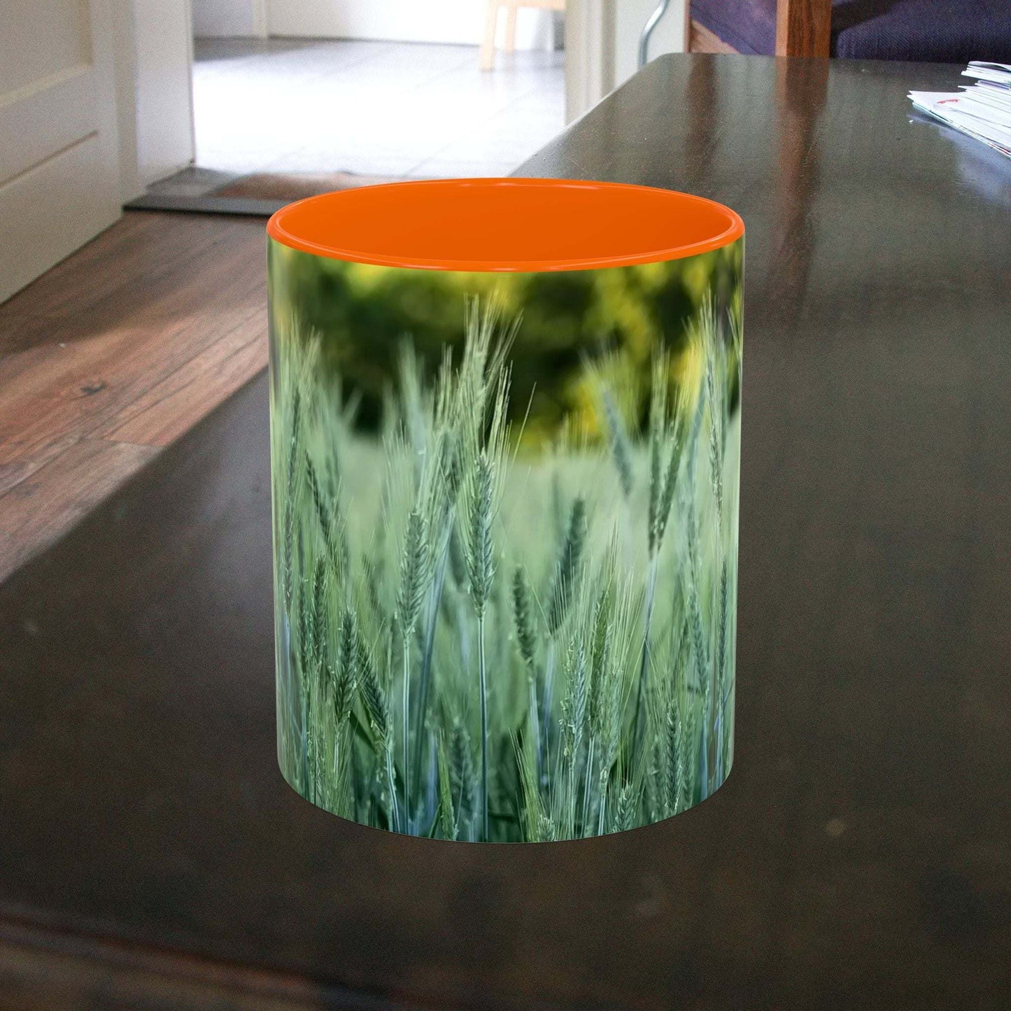 Wheat field design coffee mug with nature-inspired print.