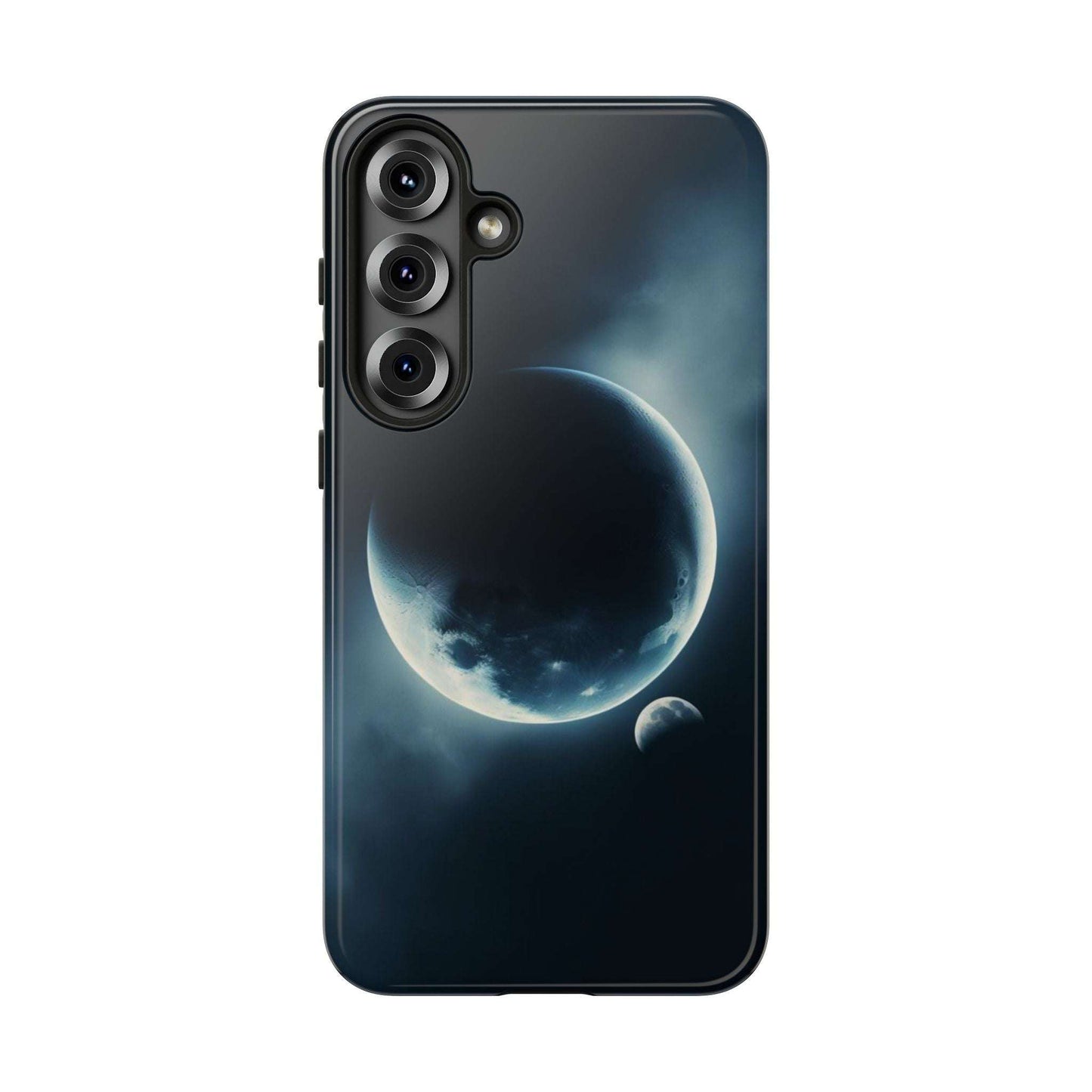 Phone case featuring a space-themed design of Earth and Moon, offering durable protection.