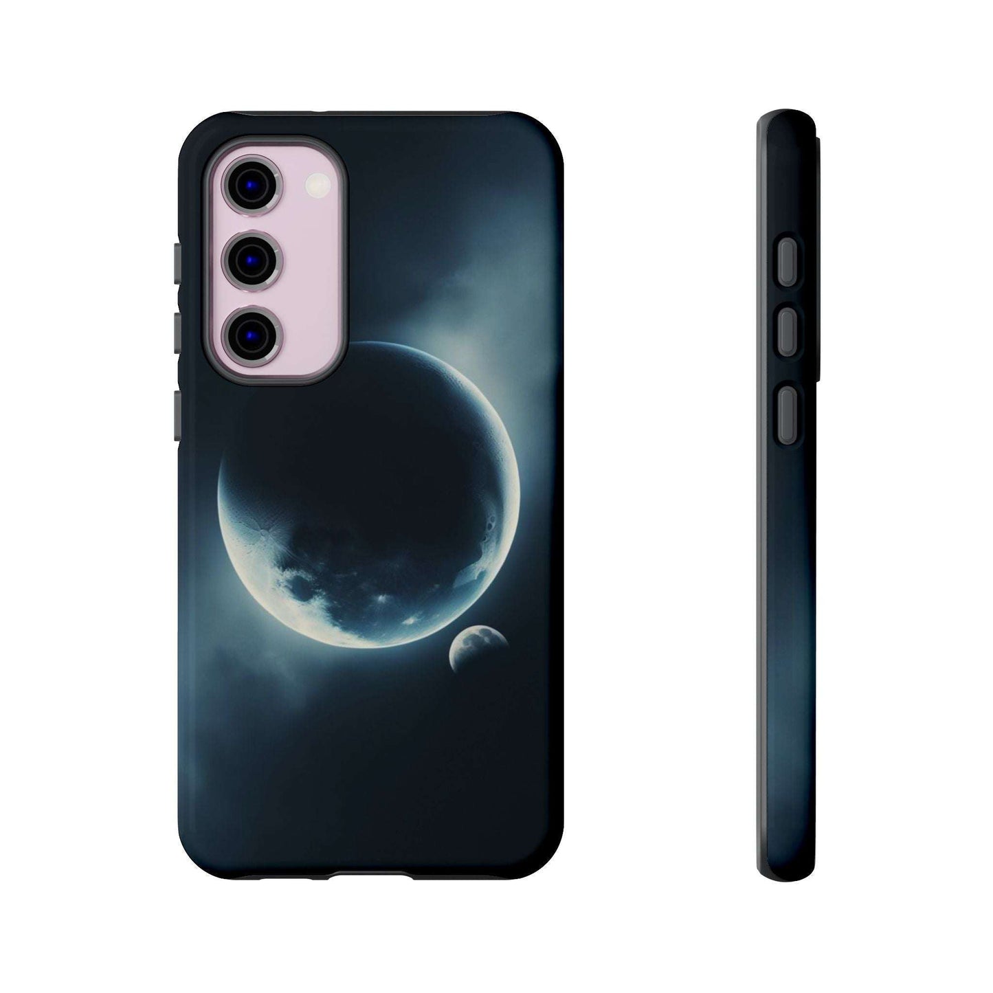 Space-themed tough phone case with Planet Earth and Moon design, durable and impact-resistant.