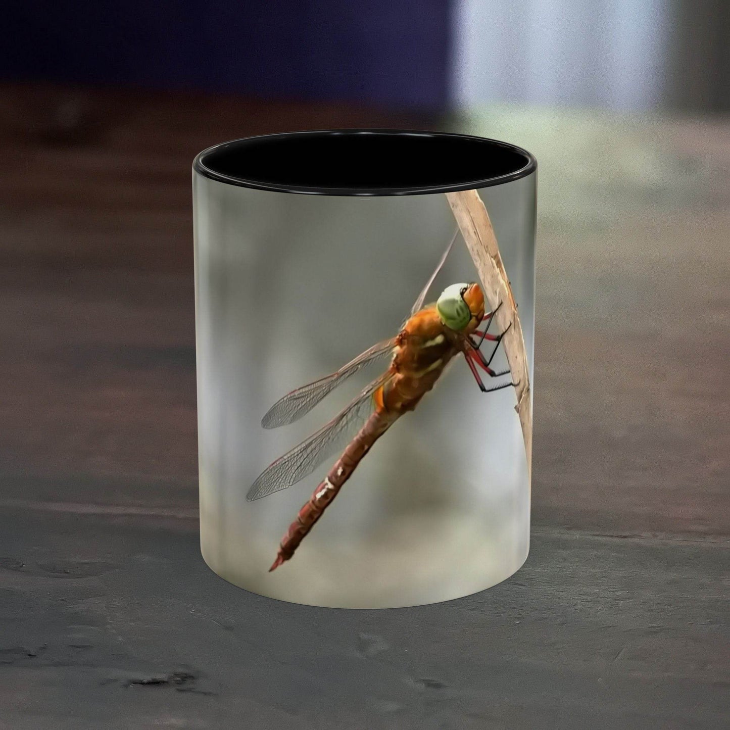 White ceramic mug with pretty dragonfly design, 11oz, ideal for coffee and tea.