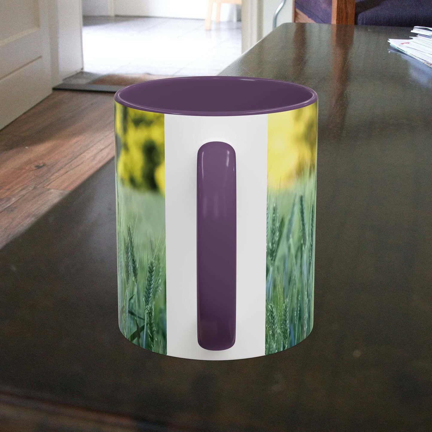 Wheat Field Design coffee mug on wooden table.