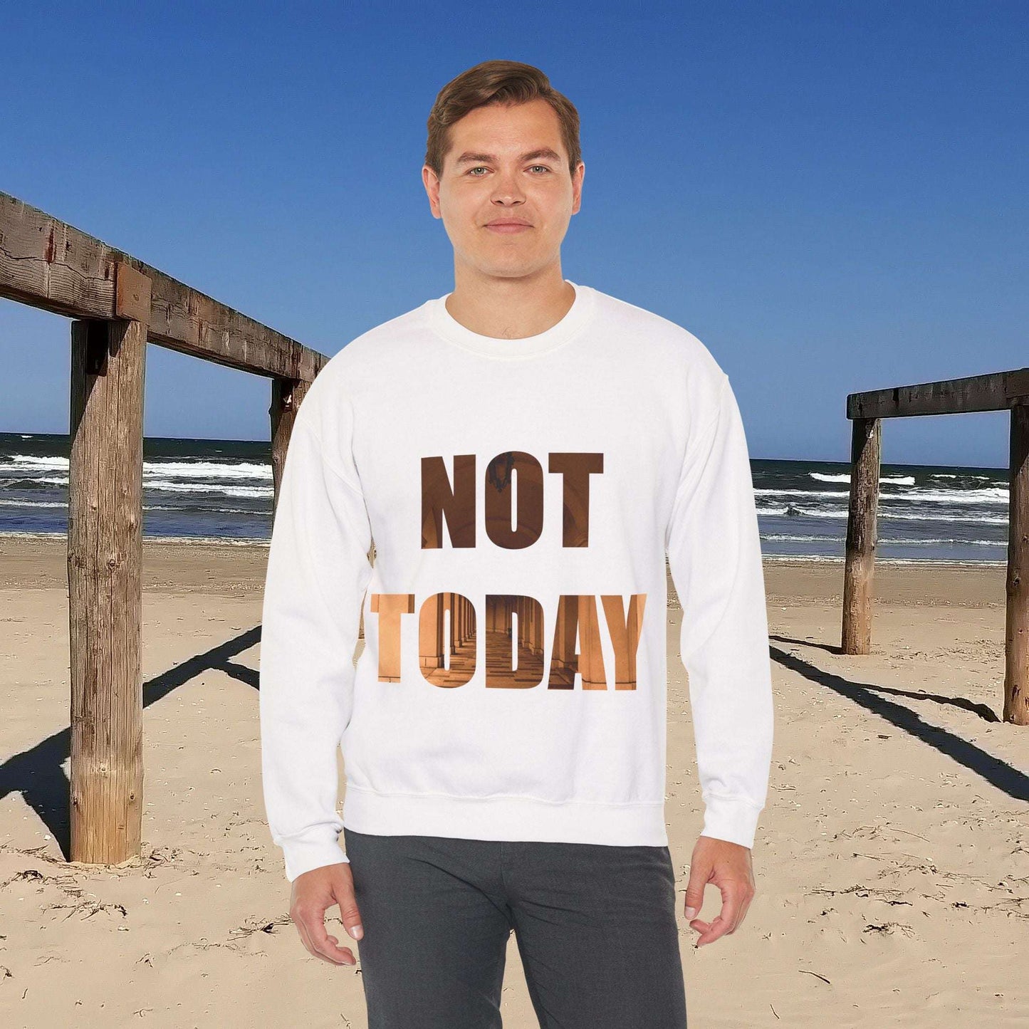 Cozy Unisex Crewneck Sweatshirt with "Not Today" text, stylish and comfortable beachwear.