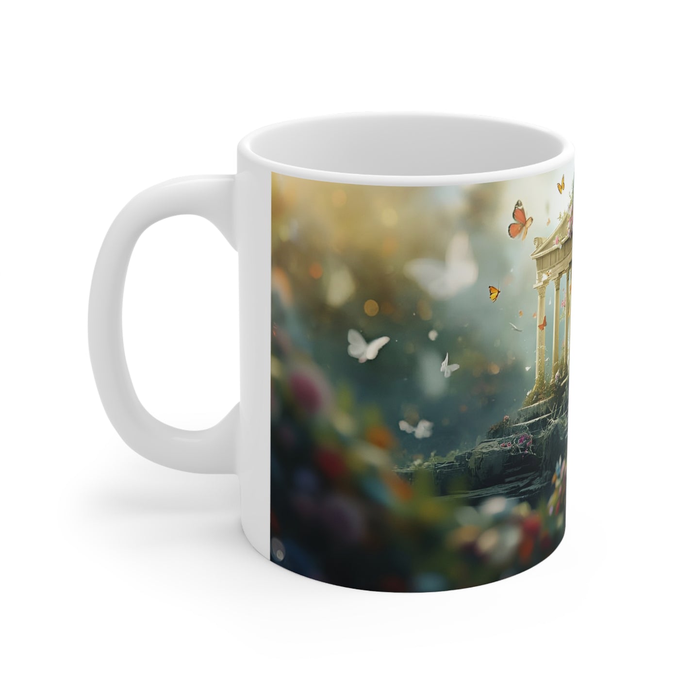 Dreamy 325ml ceramic mug showing a mossy garden pathway and sunlight filtering through fluttering butterflies on white gloss.