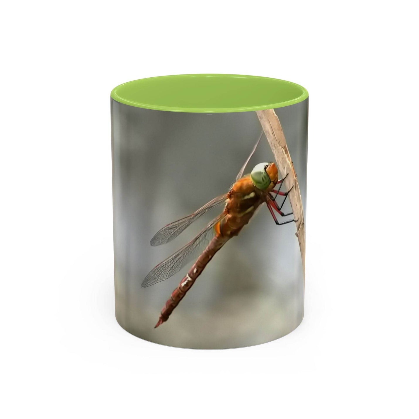 Pretty dragonfly accent coffee mug in 325ml size, designed with a light green handle and light green inside for a stylish pop of color.