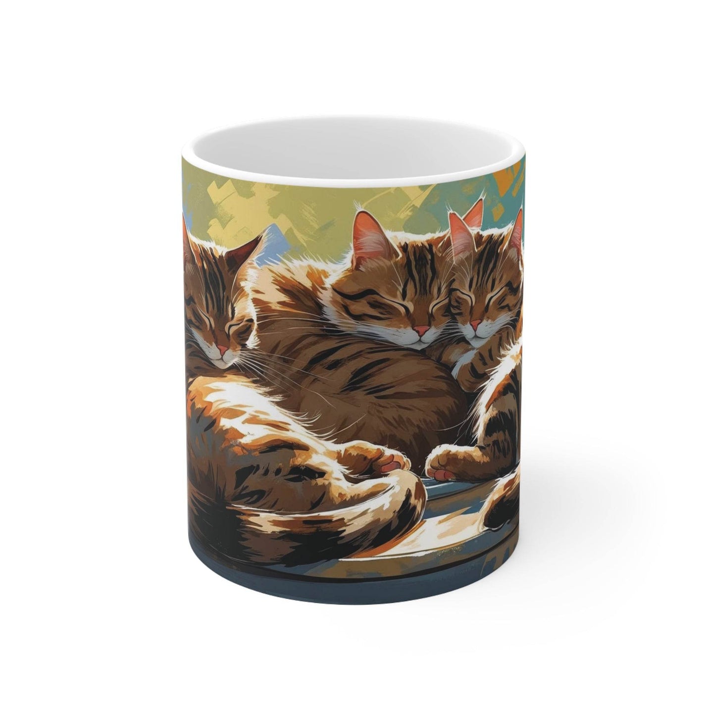 Künstlerischer 325ml Kaffeebecher mit drei Katzen auf der Fensterbank, bringt Ruhe und Schönheit in den Alltag.