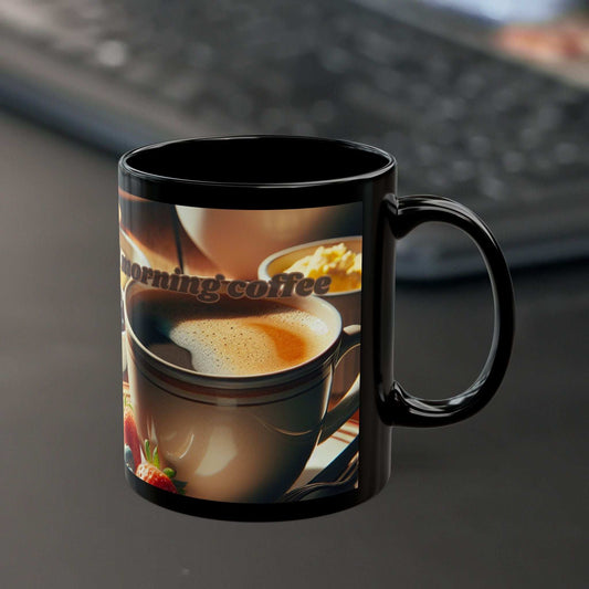 Black ceramic coffee mug with "good morning coffee" design, high-gloss finish, available in 11oz and 15oz sizes.