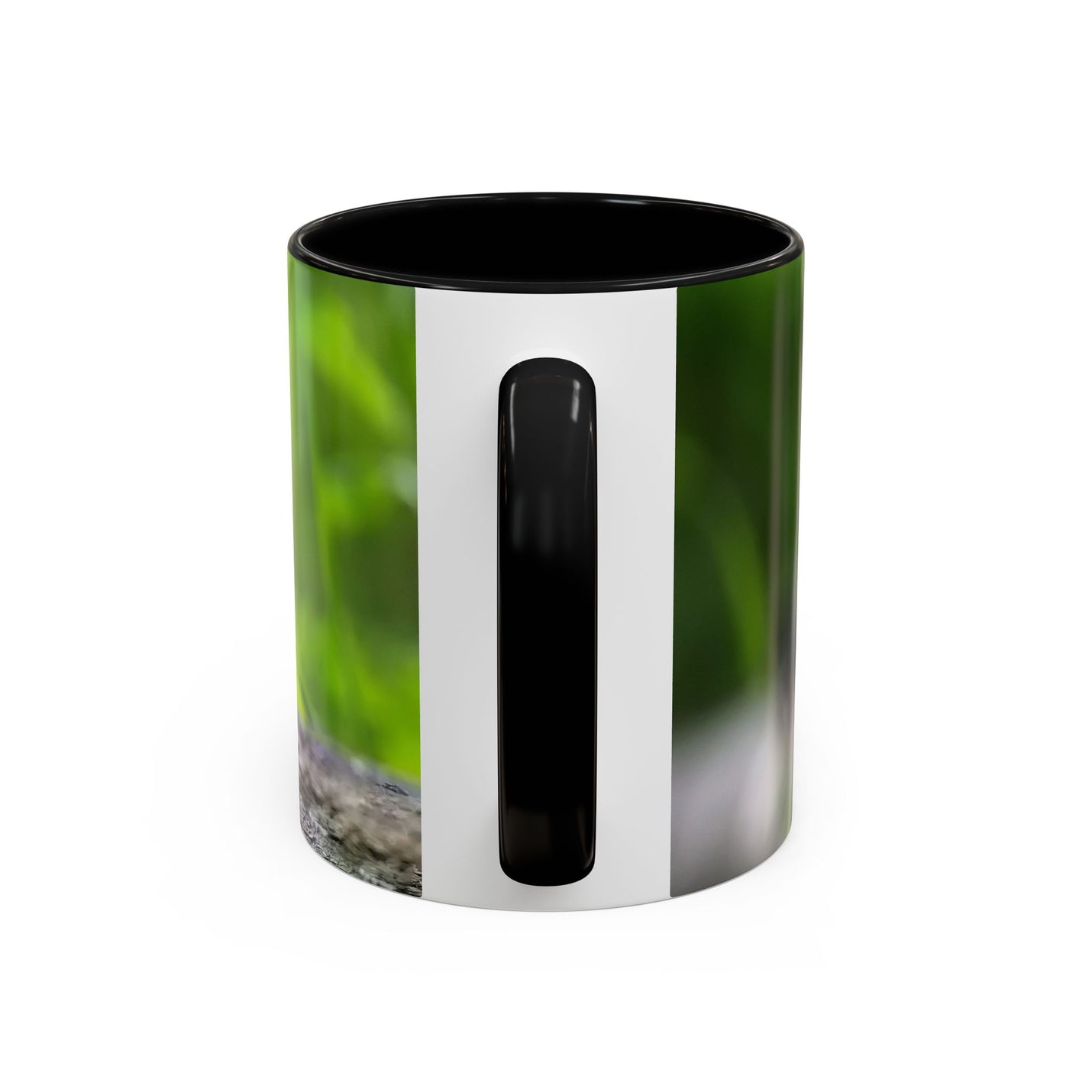 Cozy 325ml coal tit photography mug designed with a black handle and black inside.