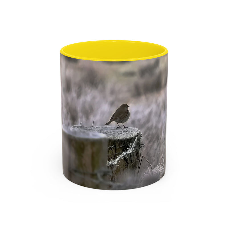 11oz mug featuring a robin nature print with a Yellow handle and interior.