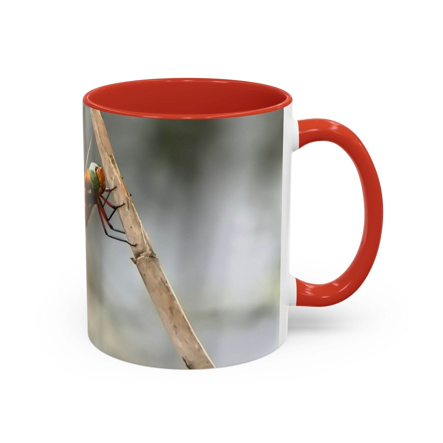 High-quality 325ml ceramic mug featuring a dragonfly illustration with an eye-catching contrast red handle and interior.