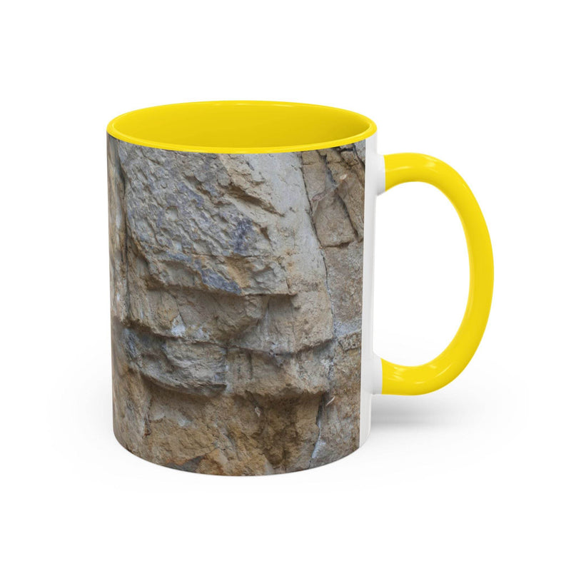 Premium 11oz Rocky Mug, Mountain Lovers, Danger of Falling Rocks for breakfast, featuring a yellow handle and inside.