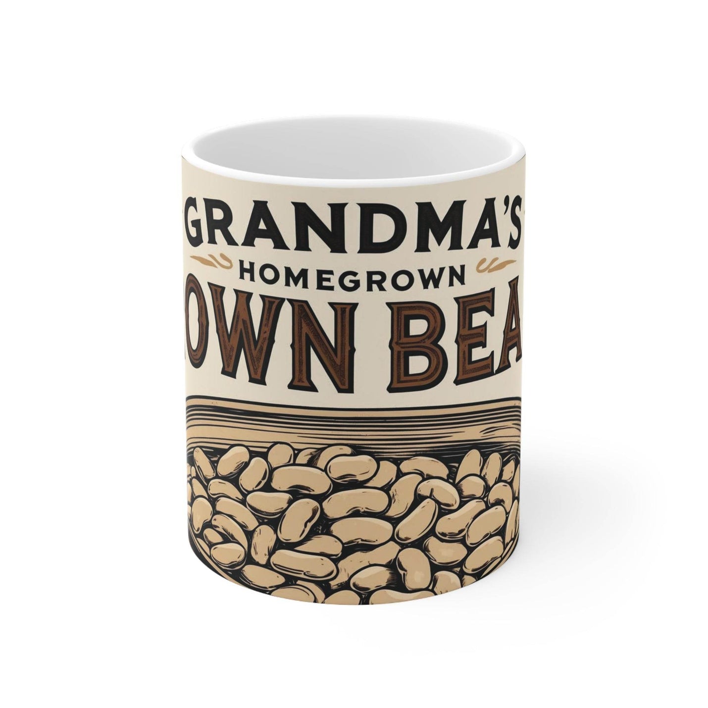 Kreativer 325ml Becher aus Keramik mit einer detailreichen Dose mit braunen Bohnen Grafik für humorvolle Kaffeemomente am Morgen.