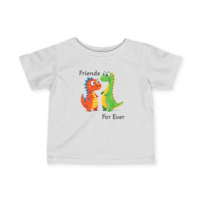 Infant tee with "Friends Forever" text and colorful dinosaur design.