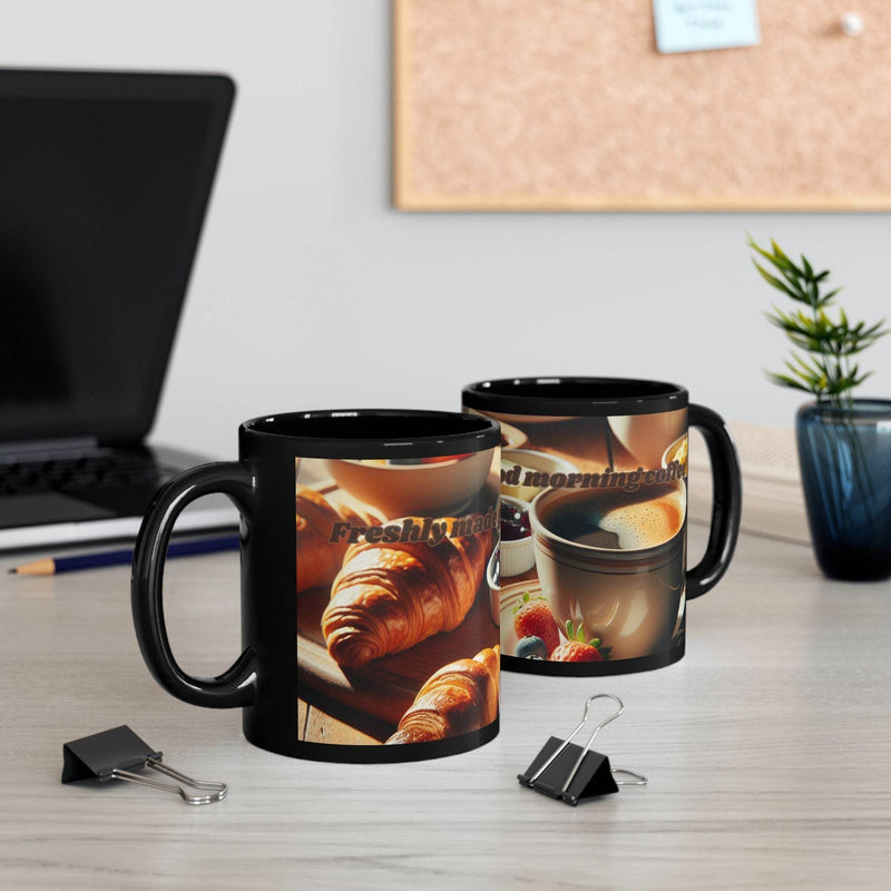 Glossy 11oz black ceramic coffee cup combining function and flair effortlessly for your daily beverage experience.