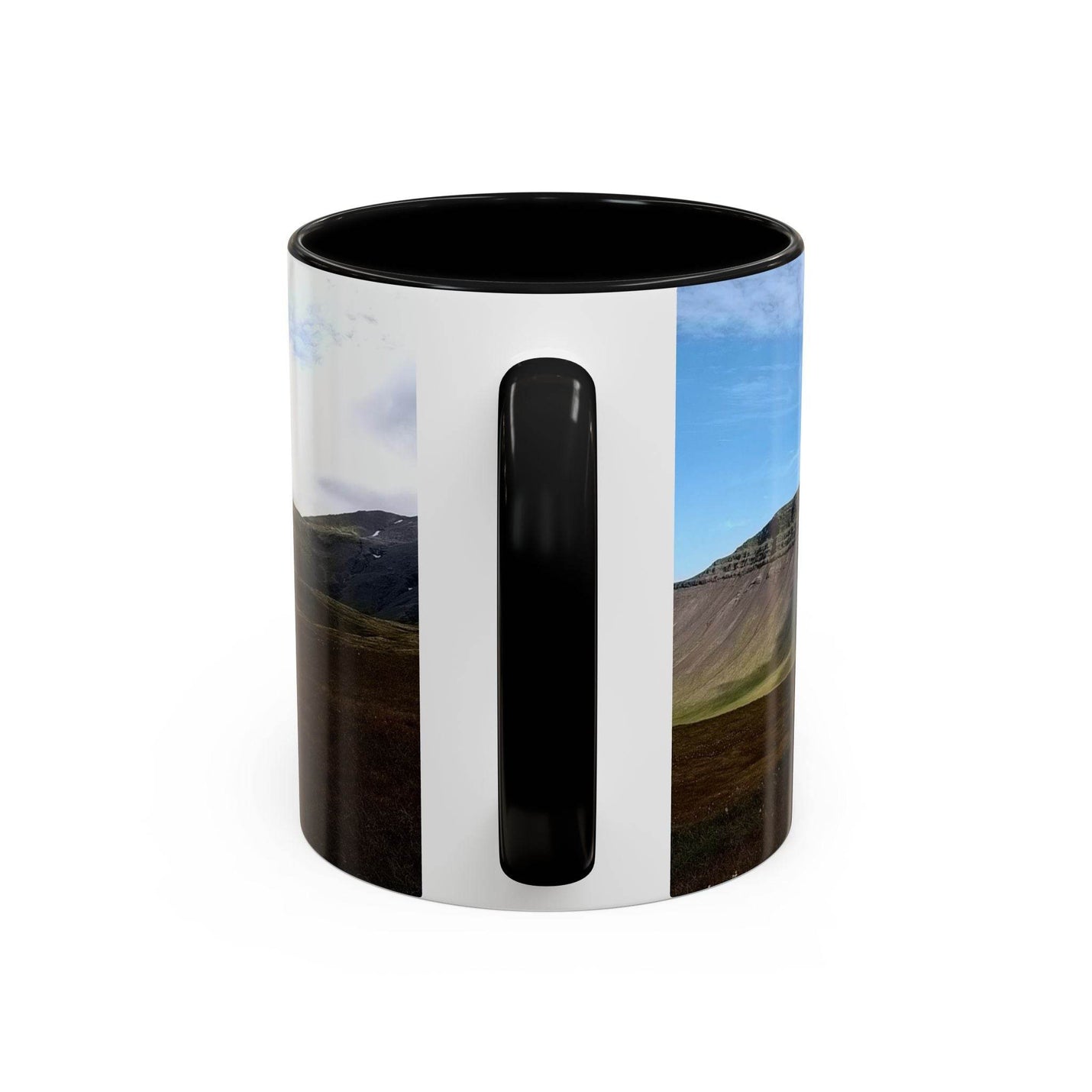 Modern 11oz Coffee Mug - Iceland Scenery on a tray, highlighting the black handle and black inside.