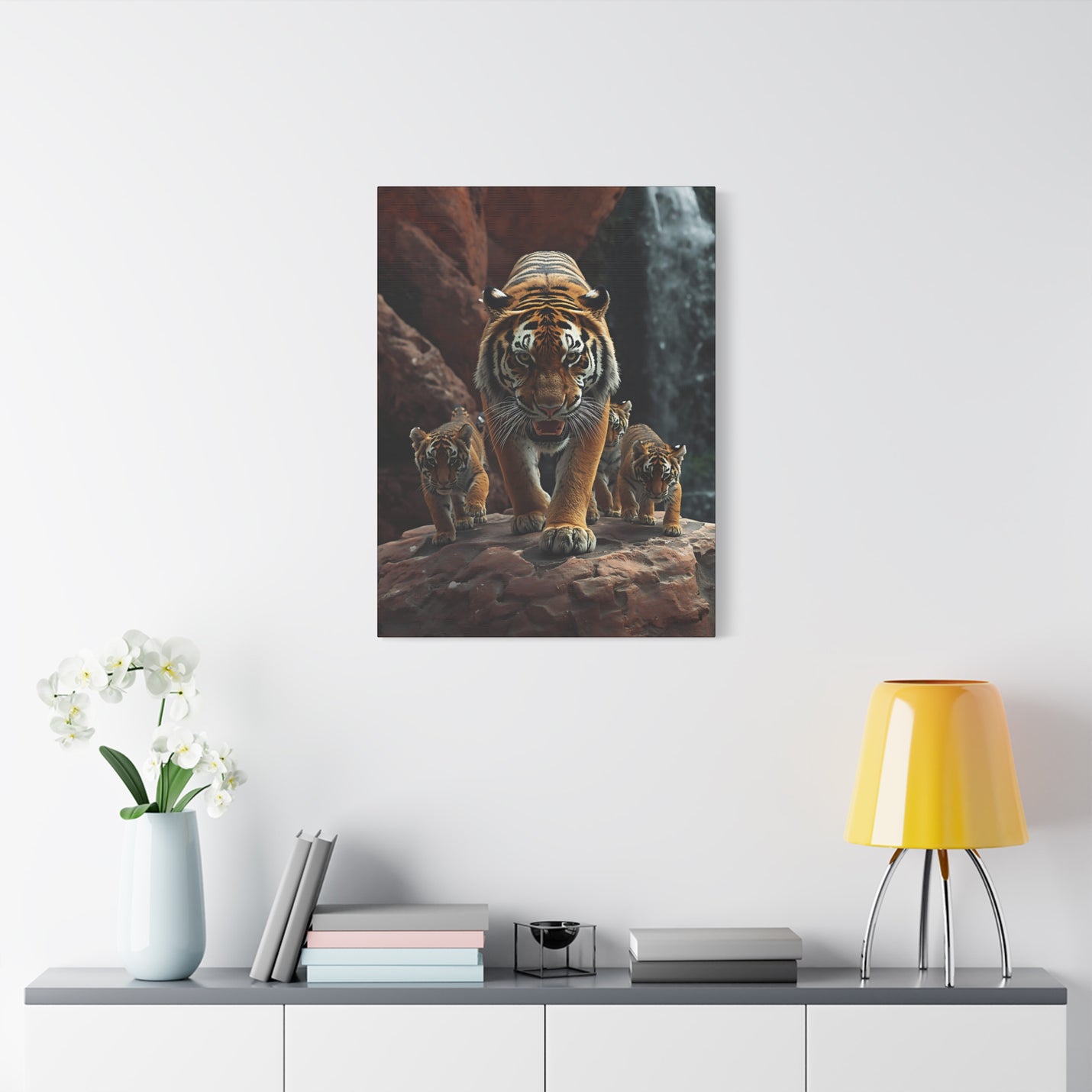 Premium 24″ x 32″ | 60.96 cm x 81.28cm wildlife tigers canvas print on a 1.25″ | 3.18 cm modern gallery frame.