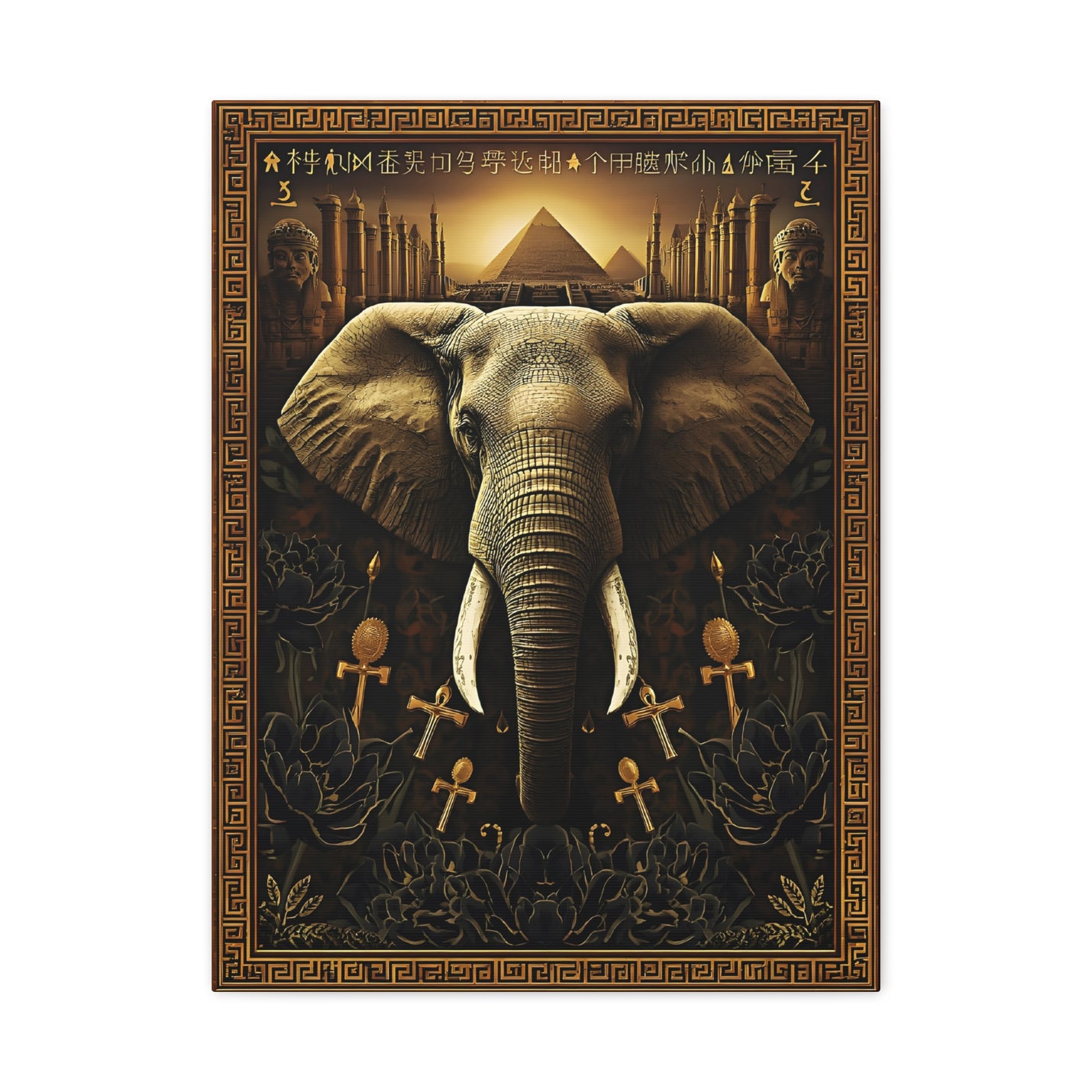 Egyptian Elephant Canvas Print in 18″ x 24″ | 45.72 cm x 60.96 cm size with a stretched 1.25″ | 3.18 cm depth profile.