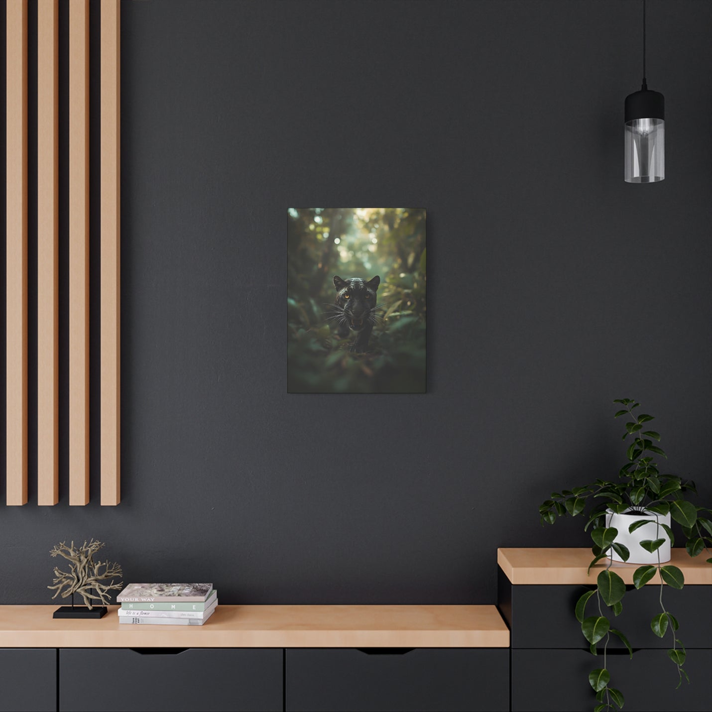 Atmospheric 18″ x 24″ | 45.72 cm x 60.96 cm panther portrait wall art on a 1.25″ | 3.18 cm deep glare-free canvas.
