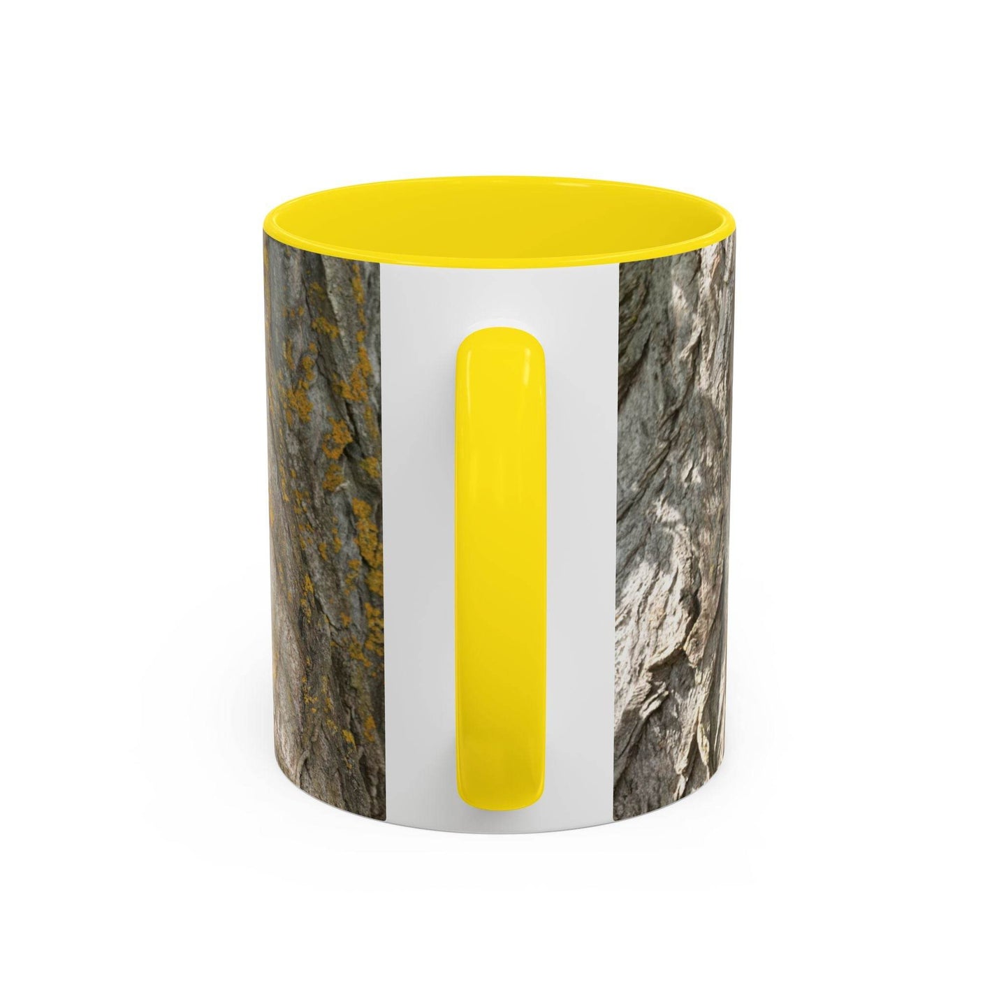325ml Becher für Naturbegeisterte mit einem urigen Baumstamm-Design sowie einem gelben Henkel und gelber Innenseite.
