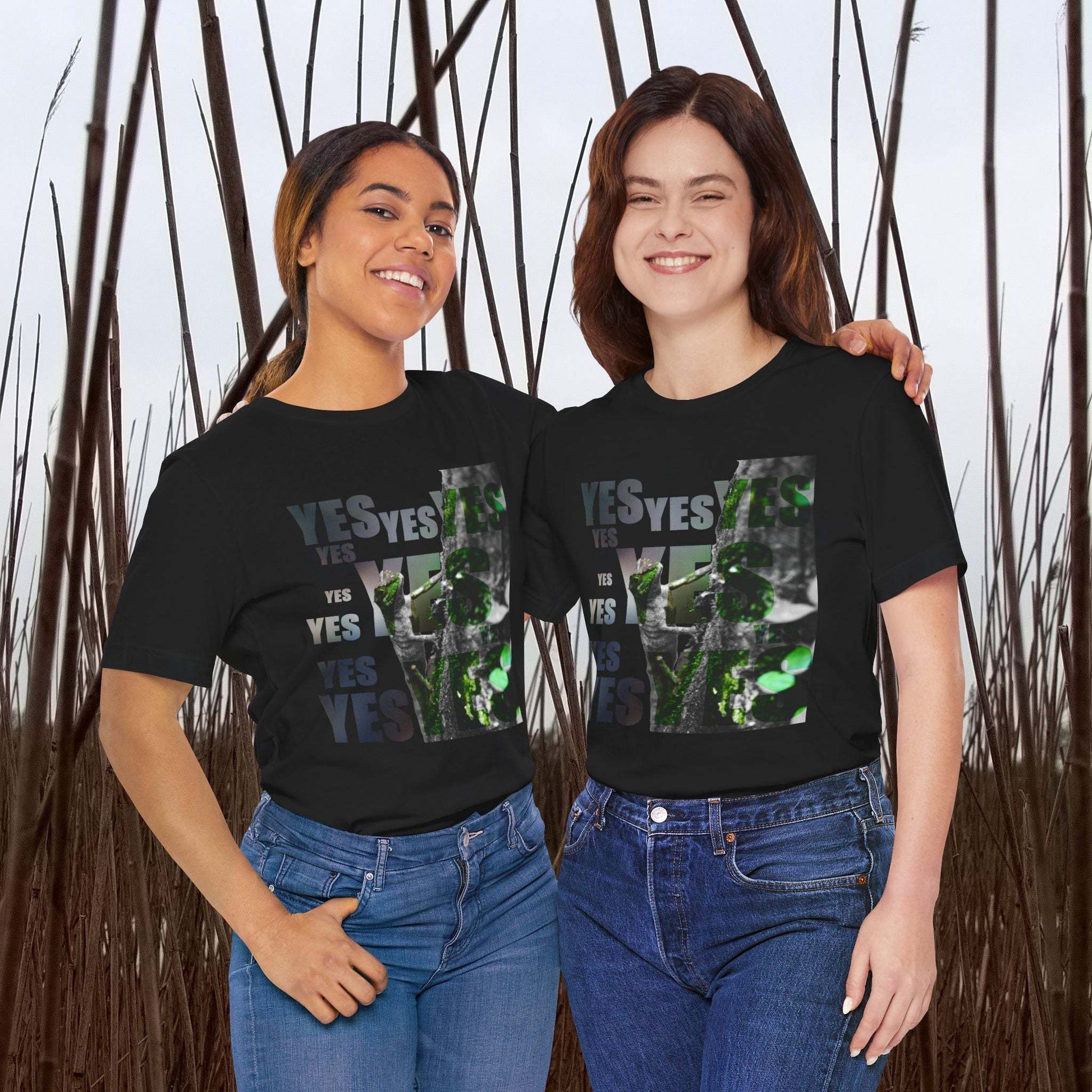 Unisex Tee with Diploderma Nature Print and Yes/No Graphic, Worn by Two People.