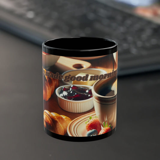 Black ceramic coffee mug with "Freshly Made Good Morning Coffee" design, featuring a breakfast scene, available in 11oz and 15oz sizes.
