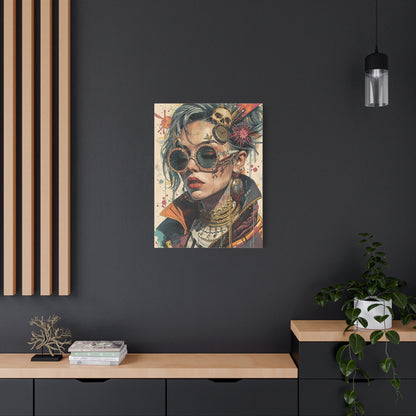 Steampunk Portrait Matte Canvas Art – Edgy Sunglassed Woman Wall Decor