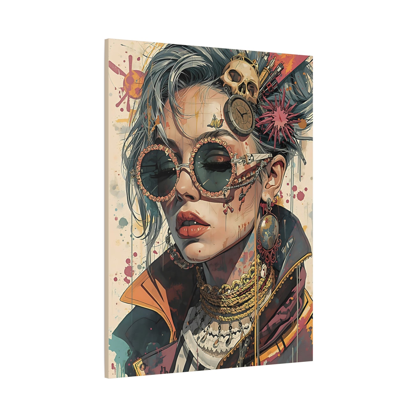 Steampunk Portrait Matte Canvas Art – Edgy Sunglassed Woman Wall Decor