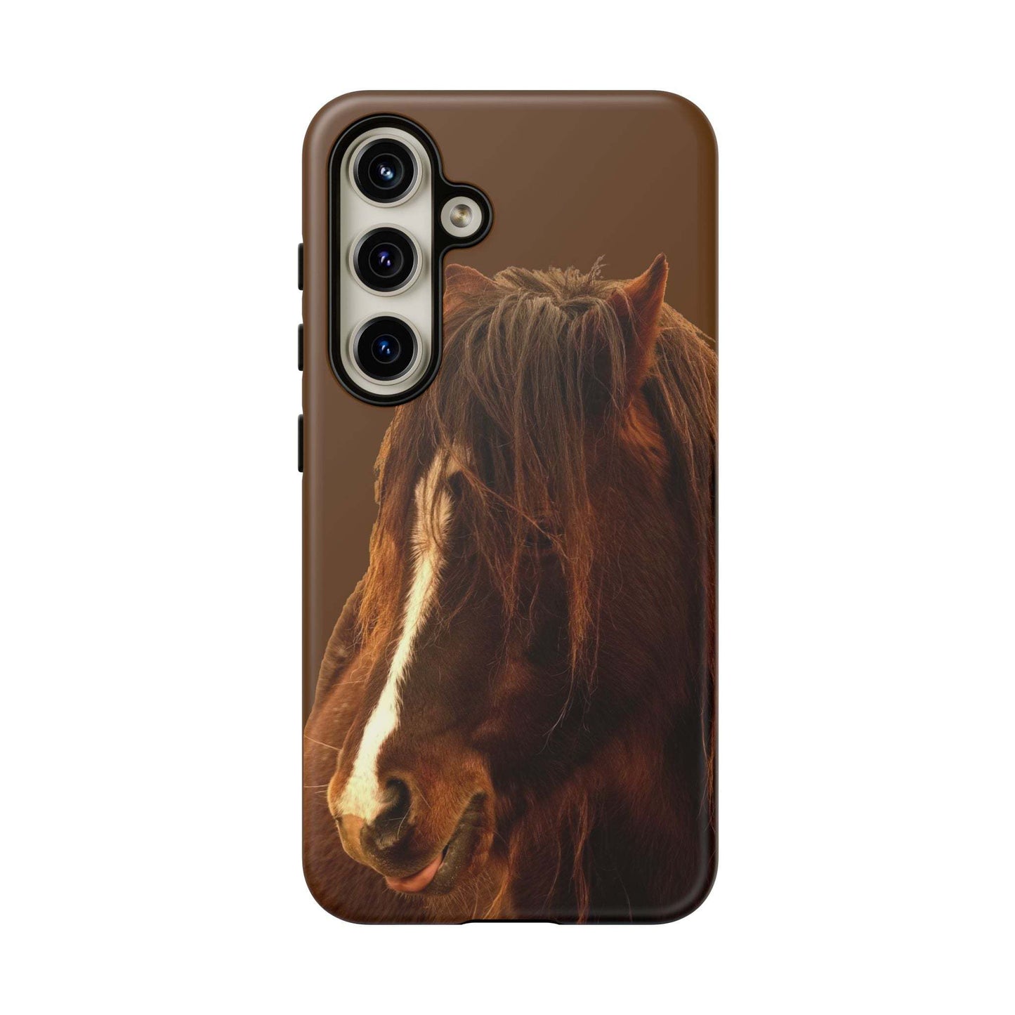 Phone case for horse lovers with striking horse image, durable and weather-resistant design, offering shock absorption and wireless charging support.