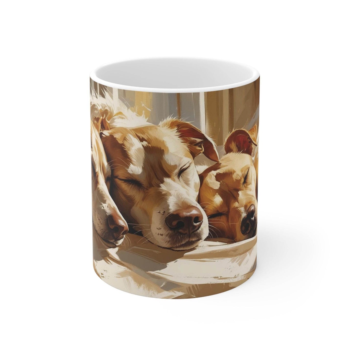 Charmanter 325ml Keramik-Kaffeebecher mit vier niedlichen Hunden im friedlichen Schlummer für gemütliche Morgenstunden.