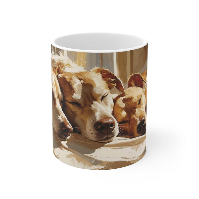 Charmanter 325ml Keramik-Kaffeebecher mit vier niedlichen Hunden im friedlichen Schlummer für gemütliche Morgenstunden.