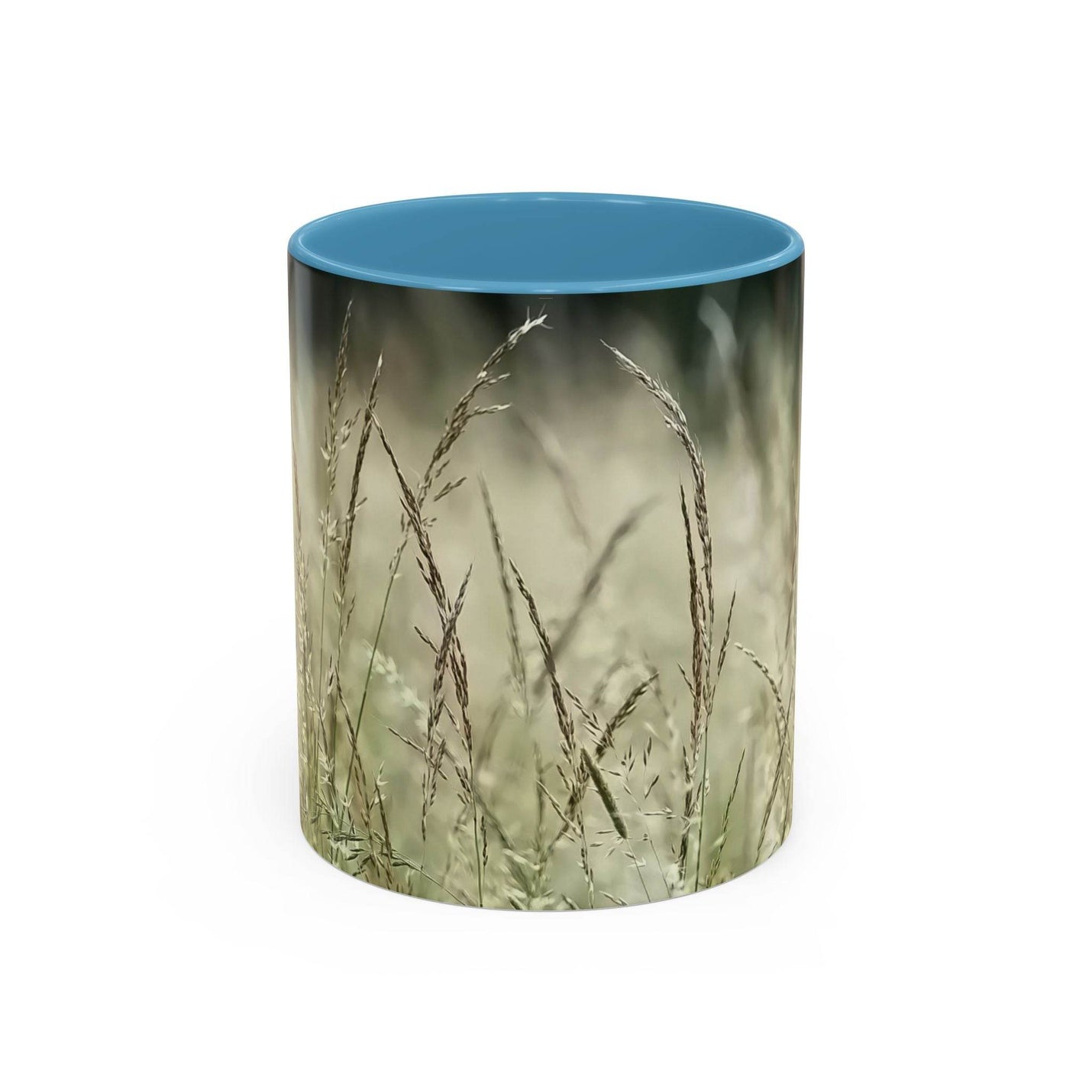 Schöner 325ml Natur-Becher mit blühendem Grasdruck, gestaltet mit einem sanften hellblauen Henkel und hellblauer Innenseite.