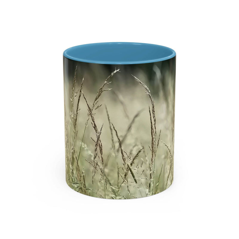 Schöner 325ml Natur-Becher mit blühendem Grasdruck, gestaltet mit einem sanften hellblauen Henkel und hellblauer Innenseite.