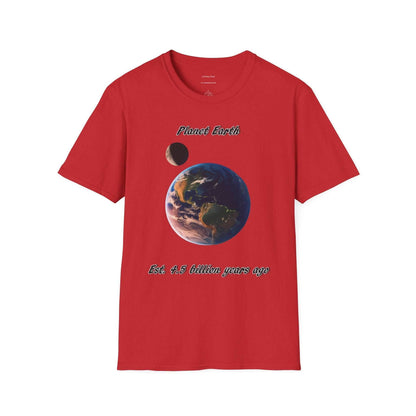 Eco-friendly Planet Earth Graphic T-Shirt in red, ideal for nature lovers celebrating Earth Day.