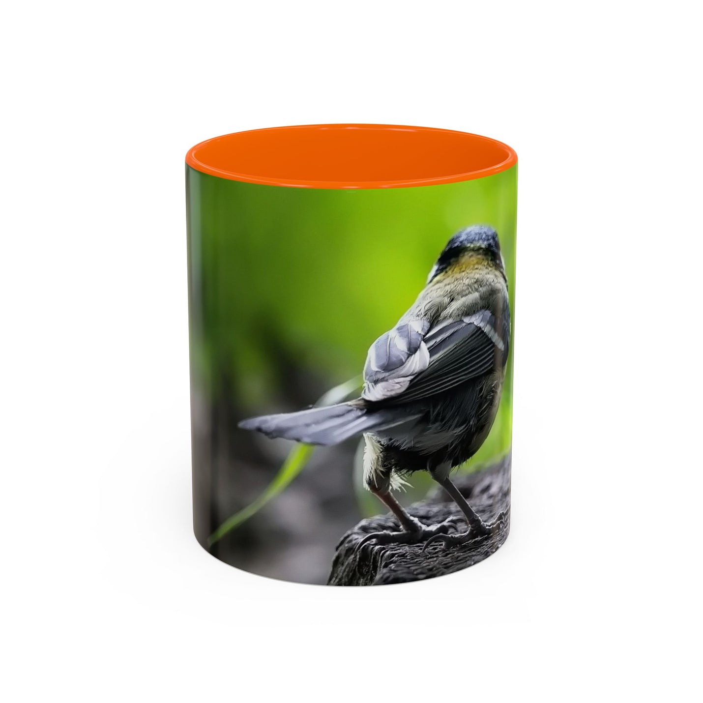 Ceramic 325ml bird photography accent coffee mug with an orange handle and orange inside.