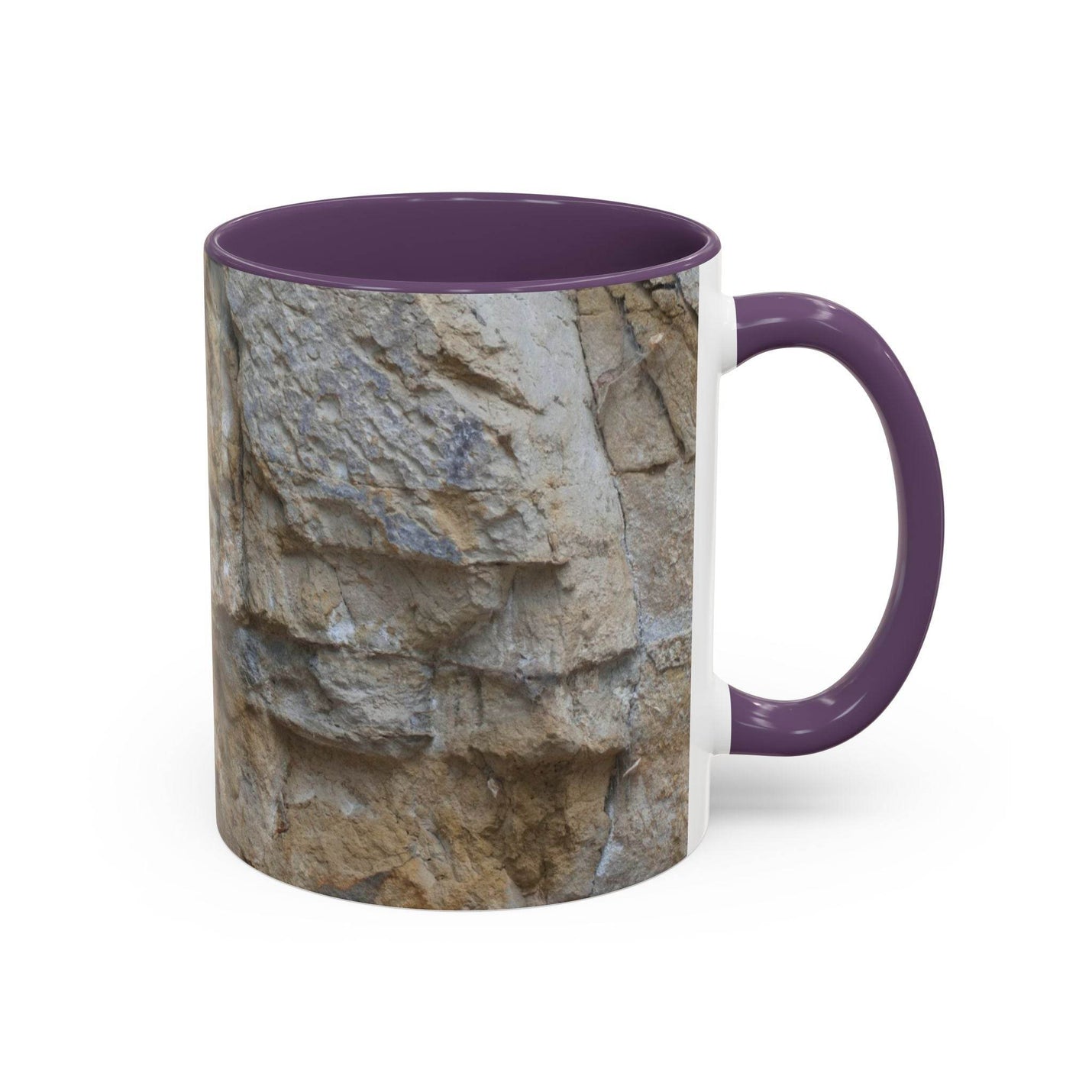 Premium 11oz Rocky Mug, Mountain Lovers, Danger of Falling Rocks for cozy evenings, featuring a purple handle and inside.