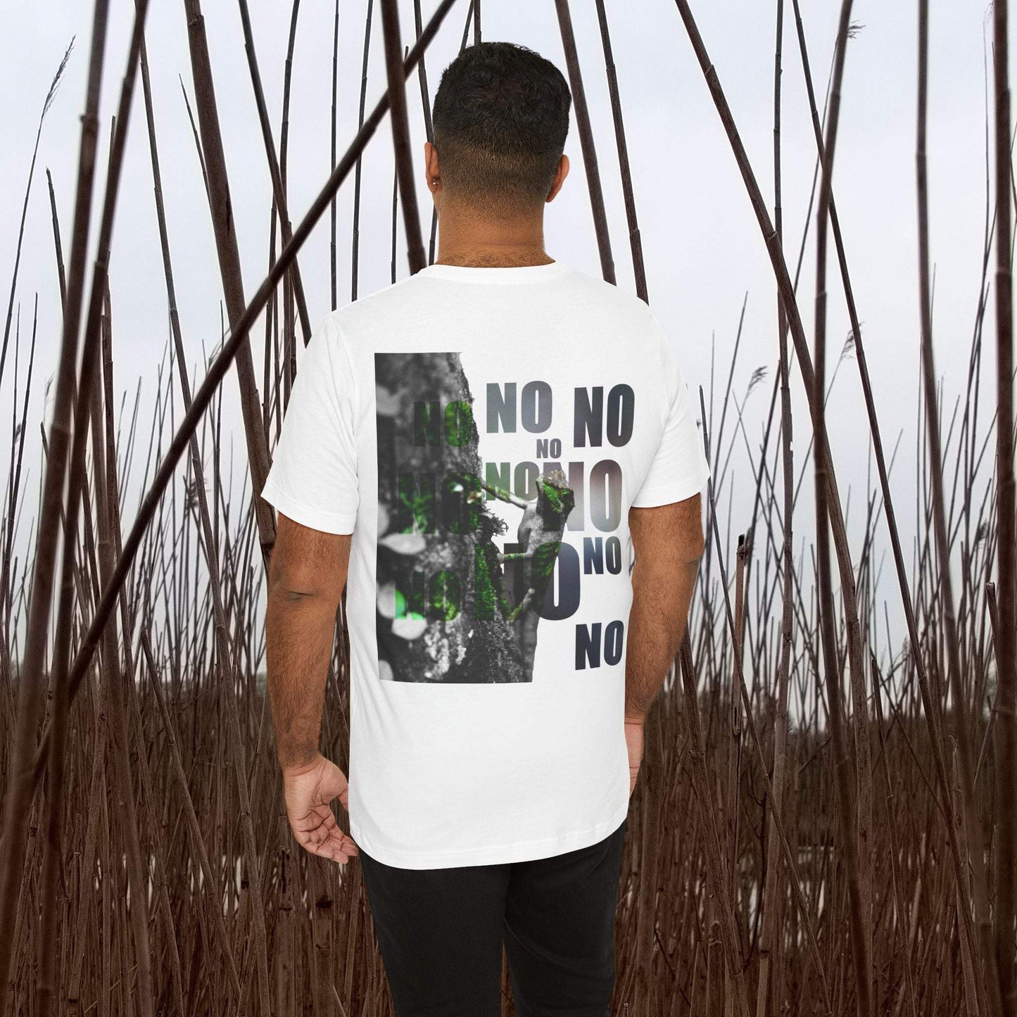 Diploderma Nature Print Unisex Tee with "Yes and No" graphic in natural outdoor setting.
