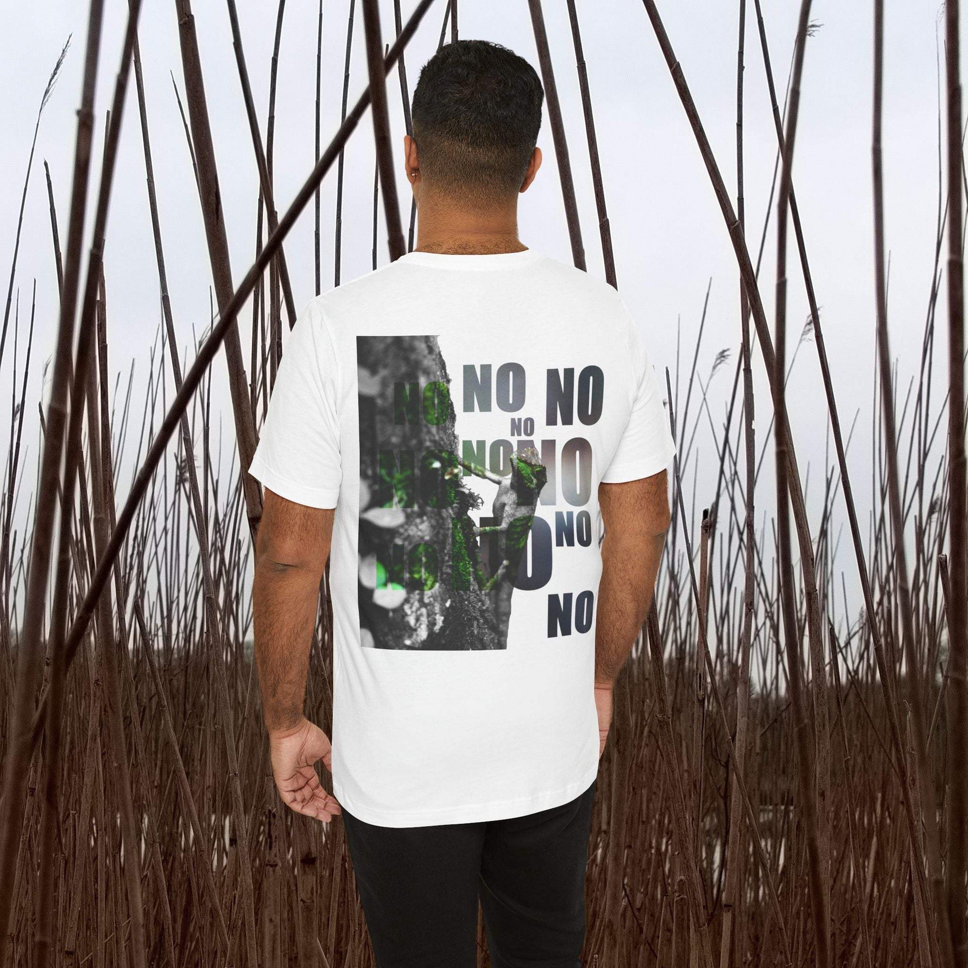 Diploderma Nature Print Unisex Tee with "Yes and No" graphic in natural outdoor setting.