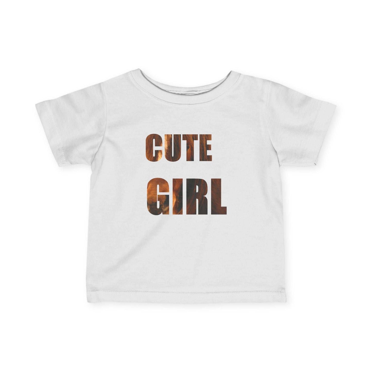 Infant tee with "Cute Girl" text and horse photograph design, perfect for animal-loving babies.