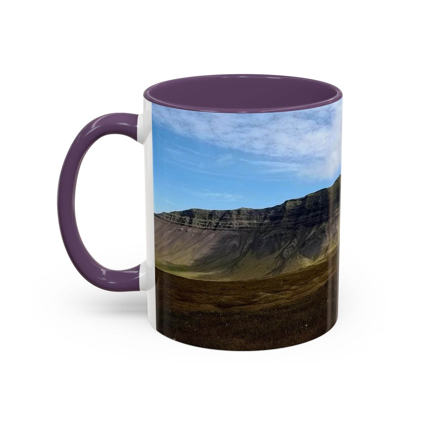 Cozy stylish spot with 11oz Coffee Mug - Iceland Scenery, with a purple handle and purple inside.