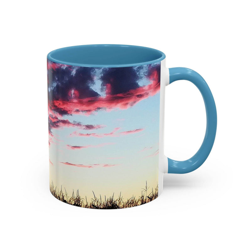 Lebendiger 325ml Sonnenuntergang Keramik-Becher, ideal fürs Homeoffice, mit hellblauem Henkel und hellblauer Innenseite.