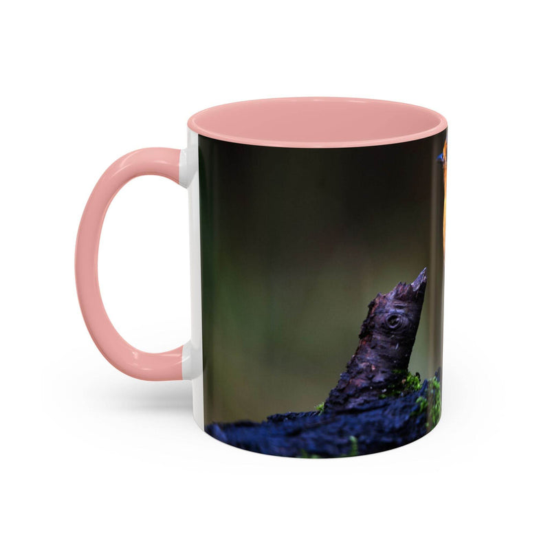 Premium 11oz white ceramic coffee mug with a robin nature design, a pink handle and matching pink inside.
