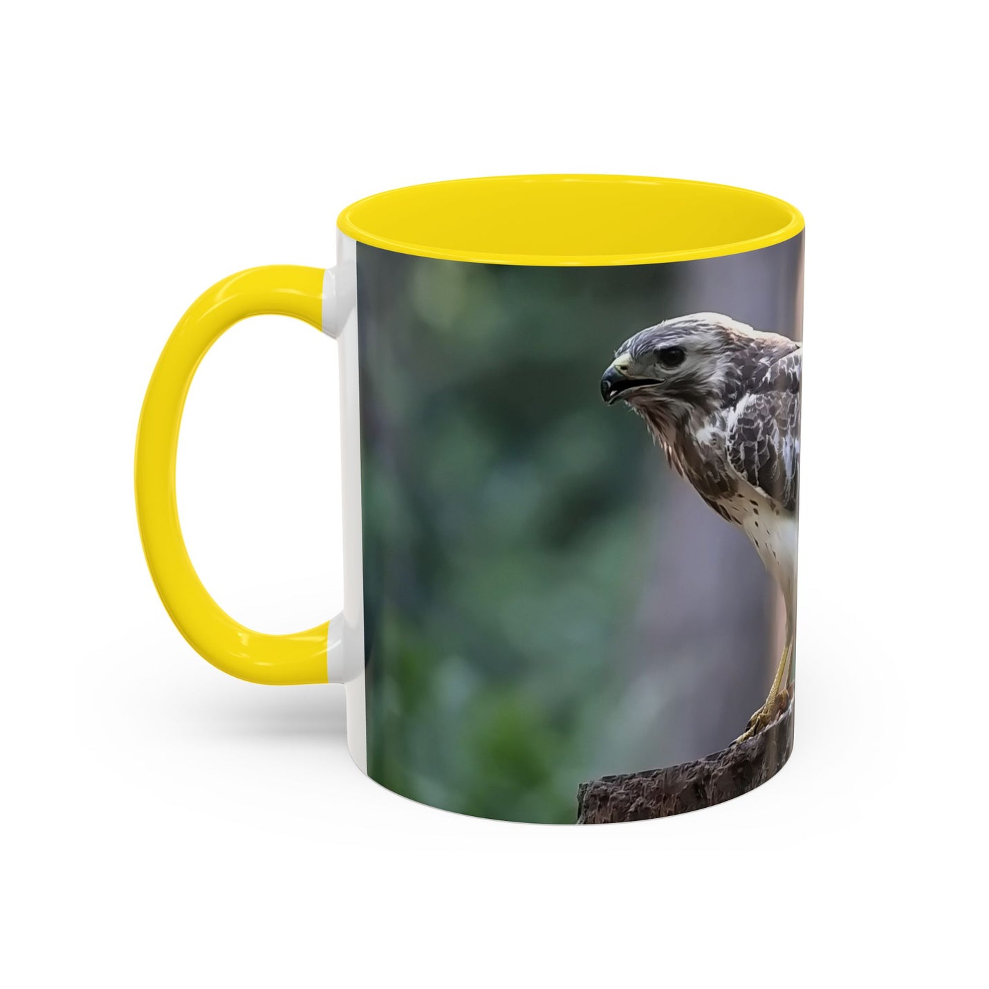 Mäusebussard Becher 325ml mit Naturdesign, gelbem Henkel und Inneren.