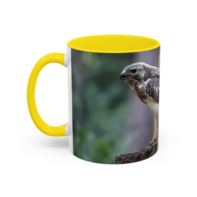 Mäusebussard Becher 325ml mit Naturdesign, gelbem Henkel und Inneren.
